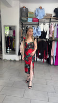 Rochie Midi Elegantă Neagră Tip Corset cu Imprimeu Trandafiri Roșii
