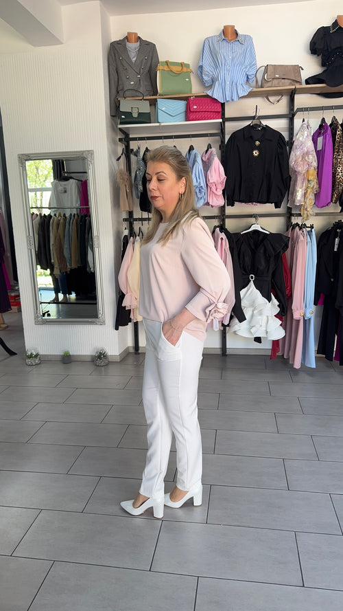 Bluză Elegantă Roz Pudră cu Detaliu Fundă la Mâneci