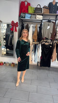 Rochie catifea verde cu sclipiri fine