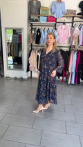 Rochie Midi Elegantă Bleumarin cu Imprimeu Paisley și Mâneci Transparente