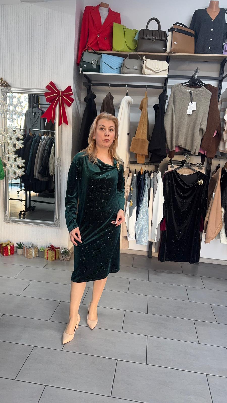 Rochie catifea verde cu sclipiri fine