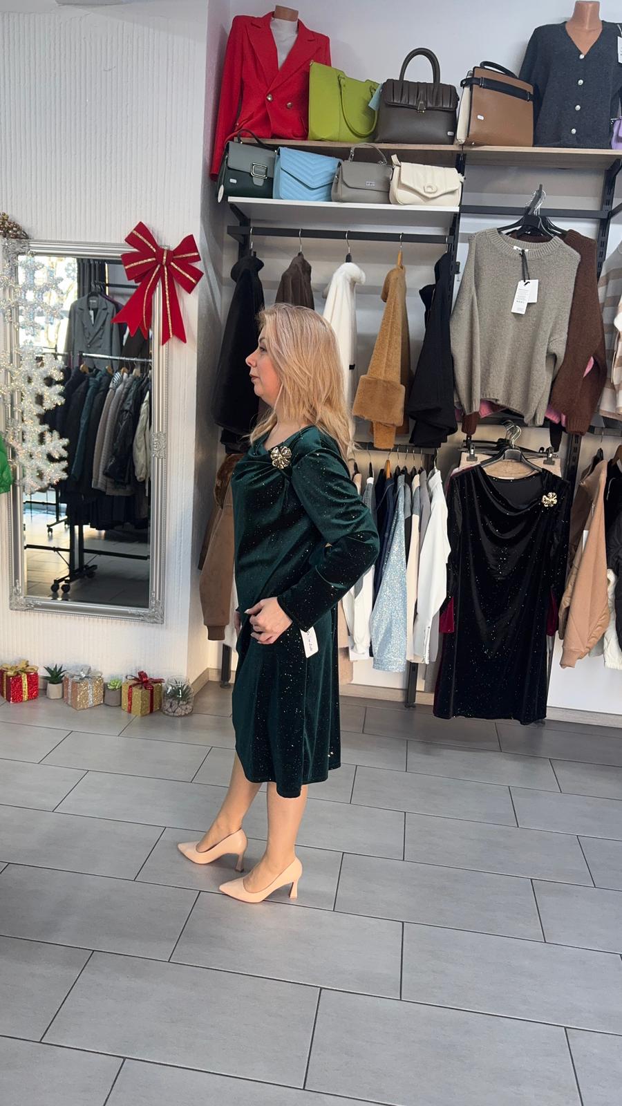 Rochie catifea verde cu sclipiri fine