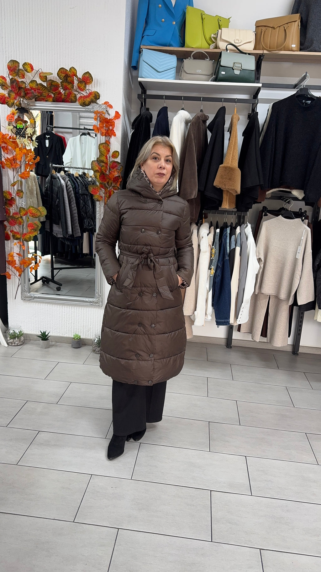 Geacă lungă reversibilă, animal print & maro uni cu 2 fețe