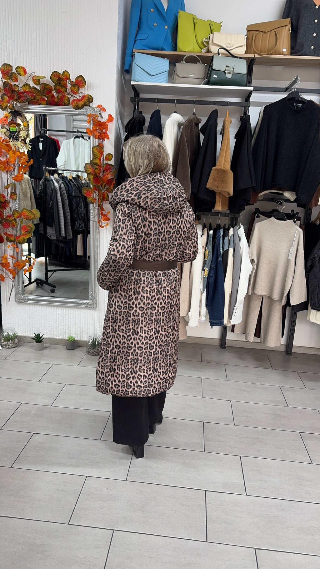 Geacă lungă reversibilă, animal print & maro uni cu 2 fețe