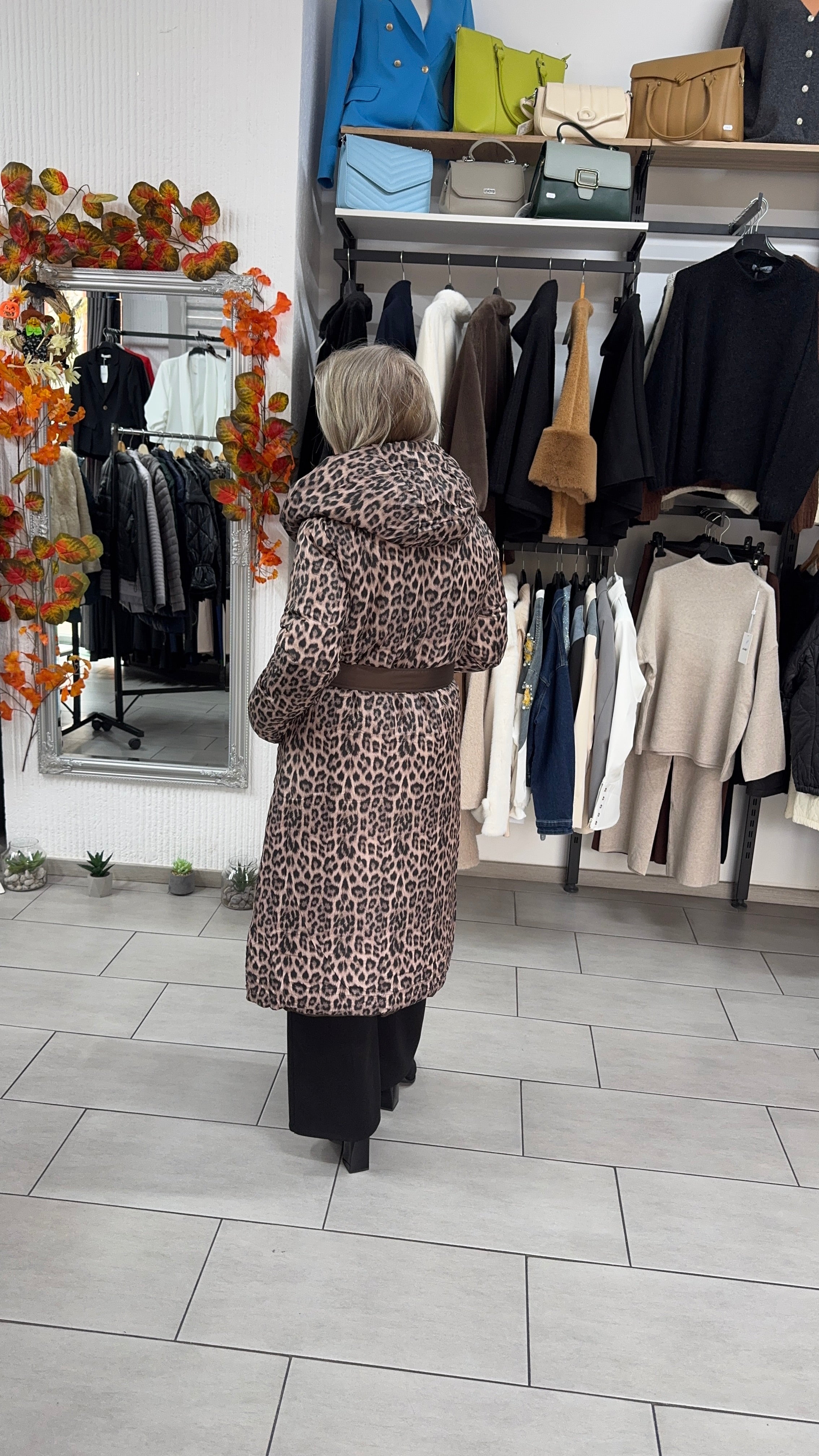 Geacă lungă reversibilă, animal print & maro uni cu 2 fețe