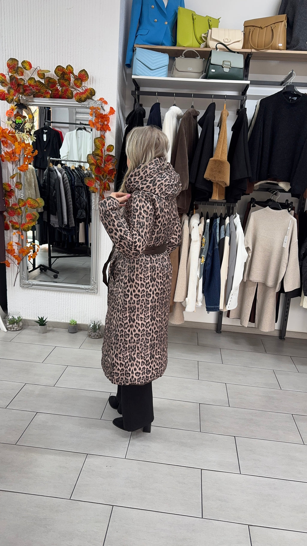 Geacă lungă reversibilă, animal print & maro uni cu 2 fețe