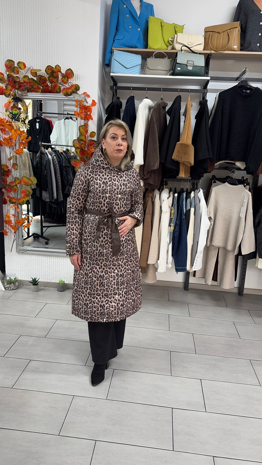 Geacă lungă reversibilă, animal print & maro uni cu 2 fețe