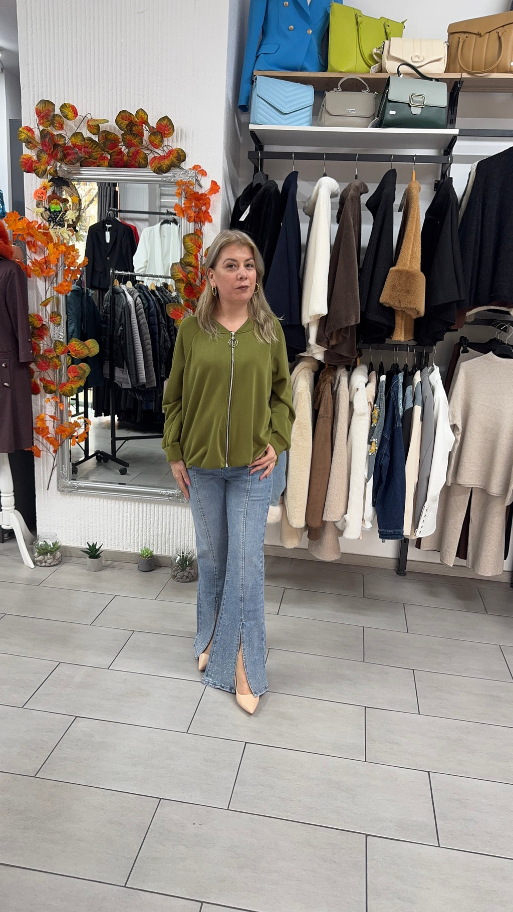 Hanorac verde cu fermoar