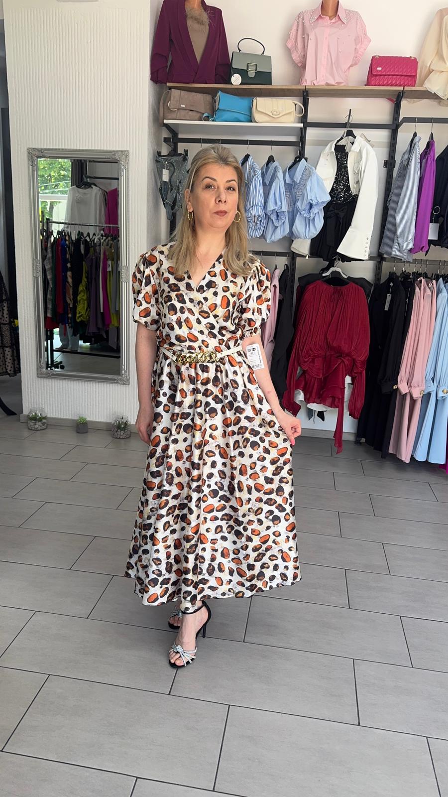 Rochie Midi cu Print Leopard și Cordon cu Lanț Auriu