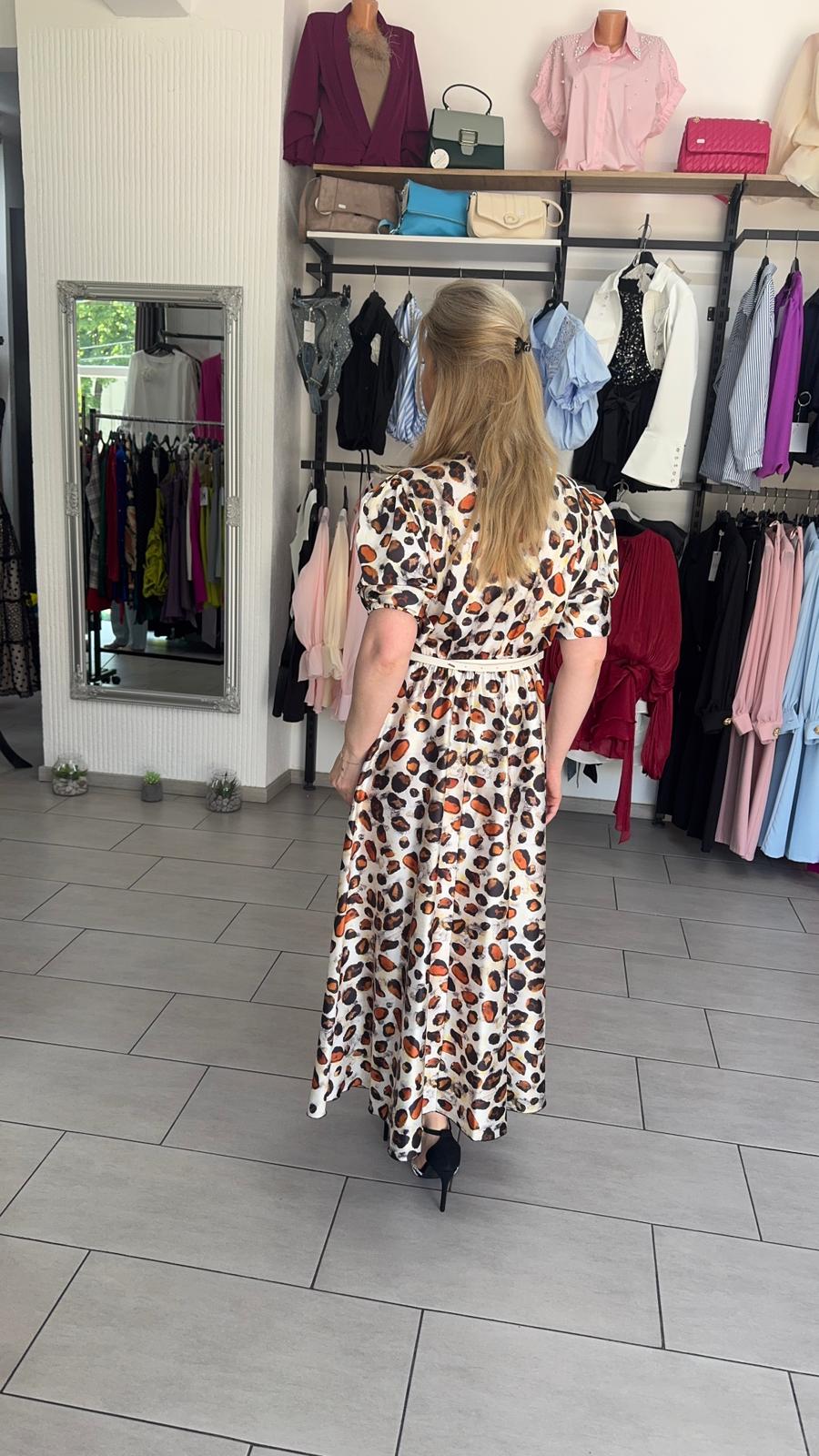Rochie Midi cu Print Leopard și Cordon cu Lanț Auriu