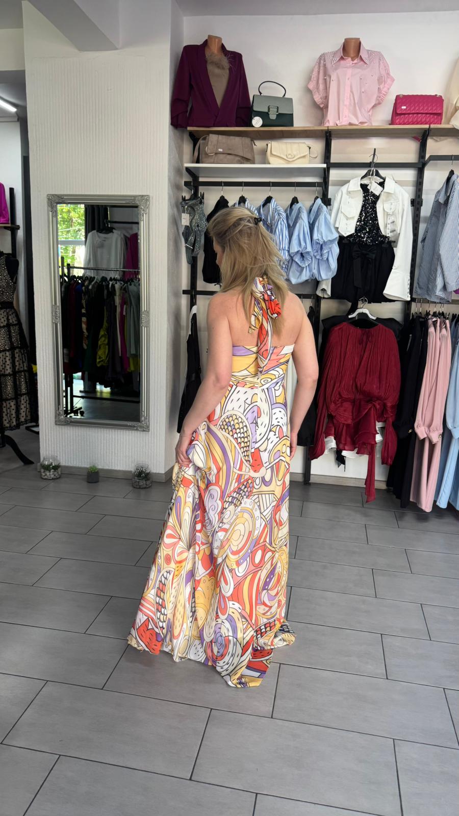 Rochie Maxi cu Print Abstract Multicolor stil Pucci, Decolteu Halter și Fustă Evazată